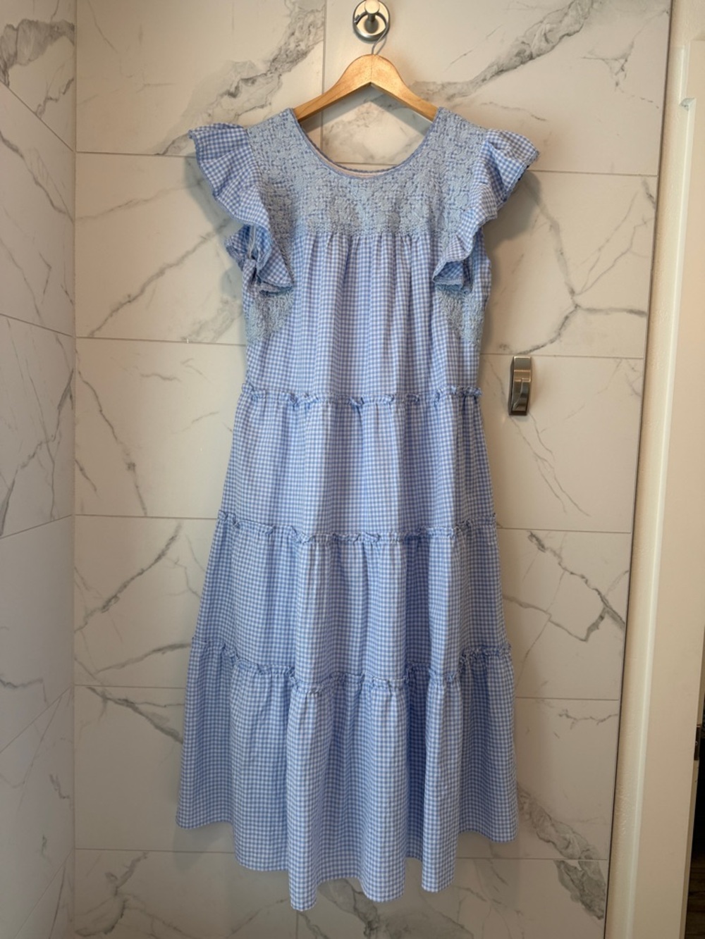 J. Marie Smocked Gingham Maxi Dress in Light Blue
